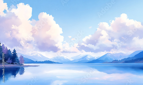 Peaceful lake and forest landscape with snow-capped mountains under bright blue sky. generative ai