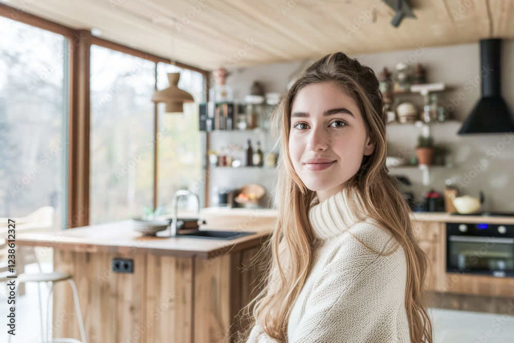 A woman is smiling in a kitchen with a wooden counter and a sink. She is wearing a white sweater and has long hair A woman is smiling in a kitchen with a wooden counter and a sink. She is wearing a white sweater and has long hair