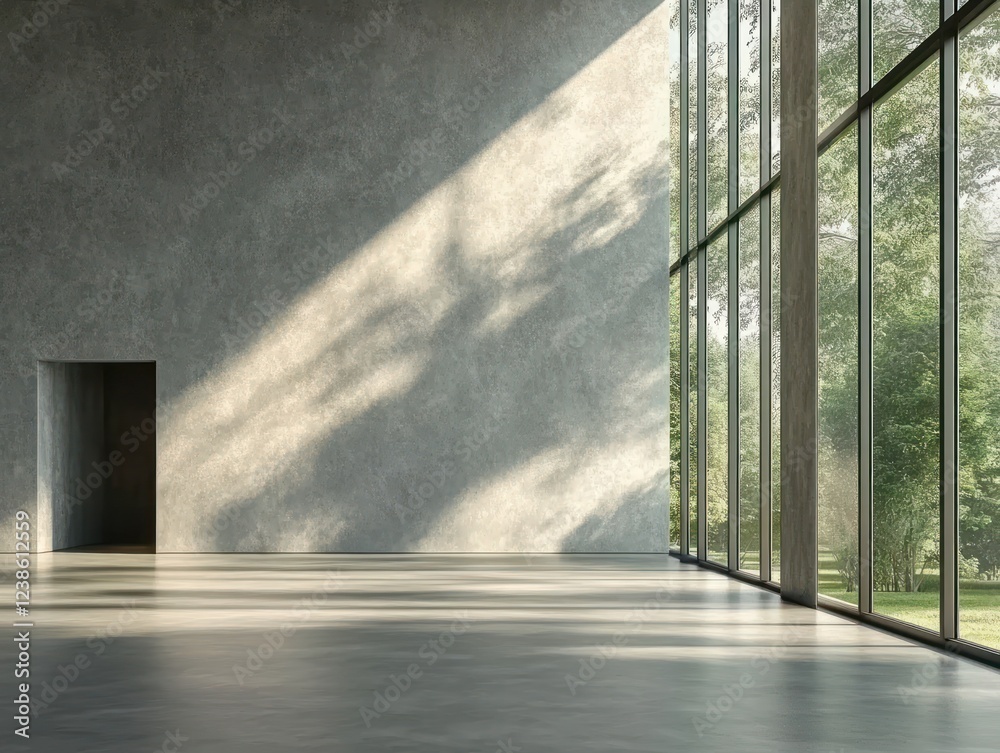 Obraz premium Modern Minimalist Loft Space with Large Windows and Nature View