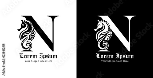 logo design in the shape of a seahorse combined with the letter N