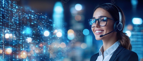 A professional woman in a headset smiles confidently, surrounded by a digital cityscape, representing technology and customer service.