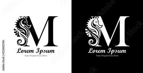 logo design in the shape of a seahorse combined with the letter M
