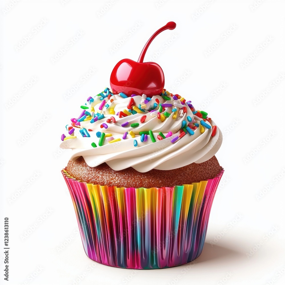 Frosted cupcake with rainbow sprinkles and a glossy cherry on top isolated on white background Frosted cupcake with rainbow sprinkles and a glossy cherry on top isolated on white background