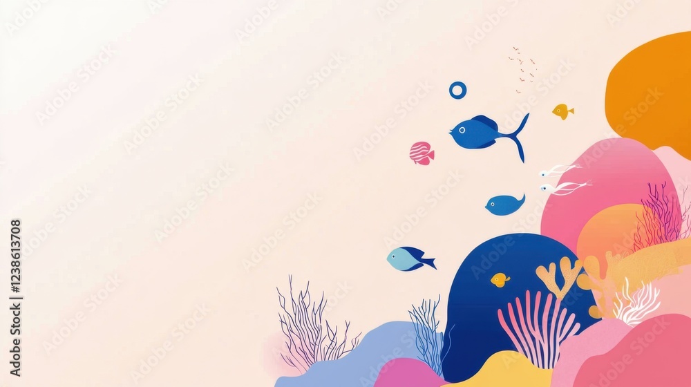 Obraz premium Vibrant Underwater World Illustration Featuring Colorful Sea Creatures and Marine Plants Against a Soft Background for Use in Creative Various Projects