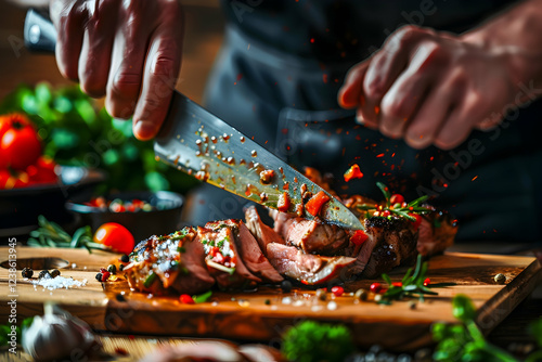 Realistic Image Slicing Grilled Meat Dinner Meal Cooking Knife Spices Herbs