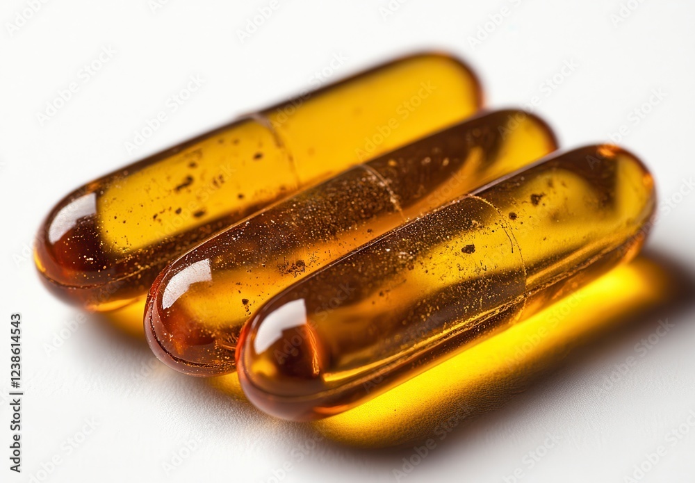 Naklejka premium Three amber colored capsules lie on a white background, illuminated with a soft light. The capsules are oblong and translucent, showing the liquid