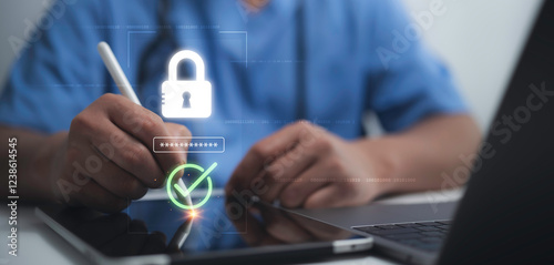 Medical professional securing digital healthcare data, showcasing security and privacy protection in the modern medical industry. Highlighting encryption, authentication and secure access solutions photo