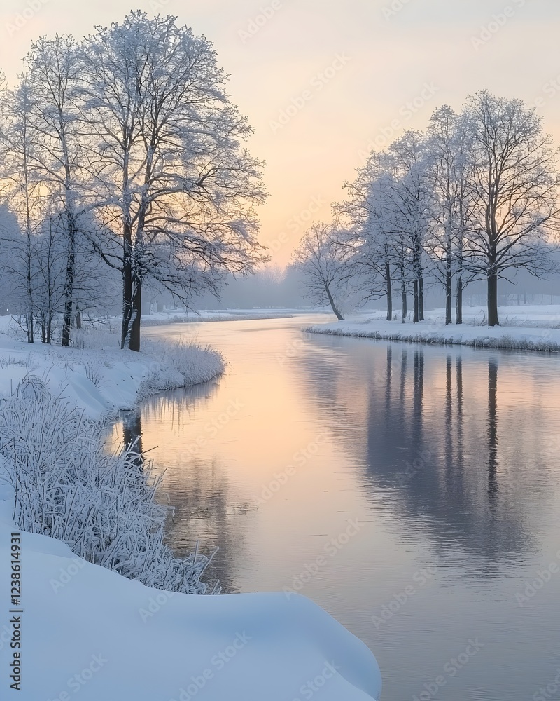 A tranquil winter landscape featuring a serene river reflecting the soft hues of dawn, framed by snow-covered trees and gentle frost, evoking a peaceful, wintry atmosphere. A tranquil winter landscape featuring a serene river reflecting the soft hues of dawn, framed by snow-covered trees and gentle frost, evoking a peaceful, wintry atmosphere.