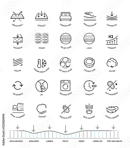 Mattress for sleeping icon set. The outline icons are well scalable and editable. Contrasting elements are good for different backgrounds. EPS10.	