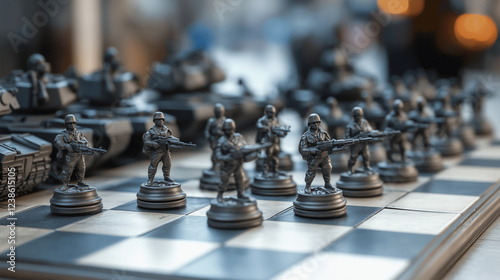 War strategy concept with chess pieces and military tank, created with generative AI technology  

