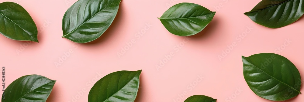 Obraz premium A serene composition featuring green leaves against a soft pastel pink background, creating a fresh and minimalistic aesthetic.
