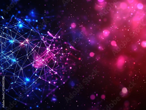 A vibrant abstract background featuring interconnected lines and glowing particles in blue and pink hues, creating a dynamic digital atmosphere.