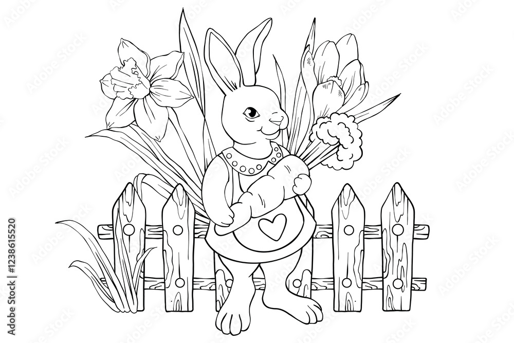 Fototapeta premium Cute Easter bunny with background coloring page for kids. Funny animal outline illustration. Spring flowers, funny rabbit and other Easter elements.