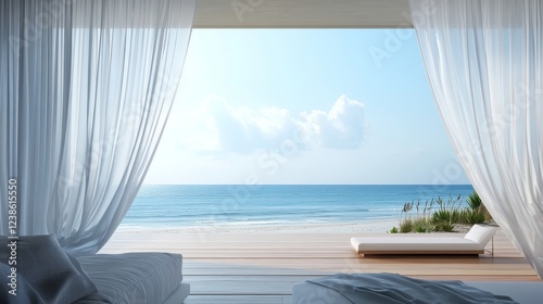 Tranquil coastal retreat with flowing curtains and breathtaking ocean views in photorealistic style