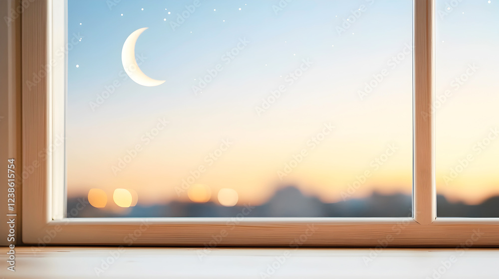 Fototapeta premium Crescent moon visible through cozy window during tranquil sunset, creating peaceful and reflective ambiance. Perfect for Ramadan or serene home decor themes. Selective focus