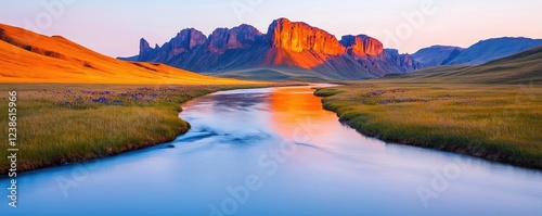 River canyon nature idea. Serene river flowing through vibrant landscape with mountains at sunset.