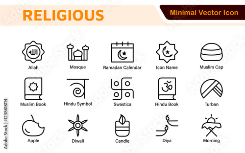 Religious Icon Set. A meaningful collection of icons representing various faiths and beliefs, perfect for enhancing educational materials, spiritual apps, and community outreach initiatives.