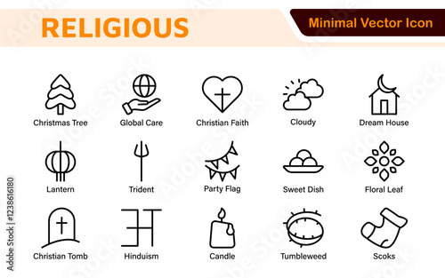 Religious Icon Set. A meaningful collection of icons representing various faiths and beliefs, perfect for enhancing educational materials, spiritual apps, and community outreach initiatives.