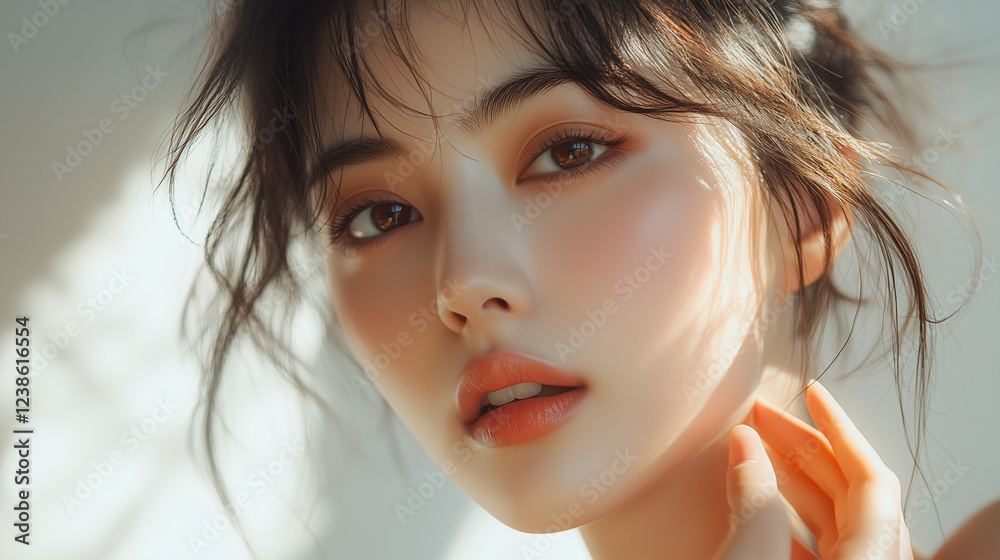 Fototapeta premium Young Asian woman with natural makeup embracing sunlight in a softly lit environment