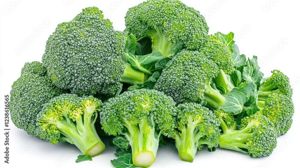 Fresh Broccoli Bunch with Vibrant Green Color and Textured Florets Perfect for Healthy Cooking and Nutrition, Isolated on White Background for Food Photography Fresh Broccoli Bunch with Vibrant Green Color and Textured Florets Perfect for Healthy Cooking and Nutrition, Isolated on White Background for Food Photography