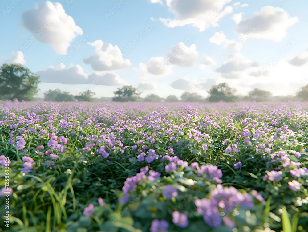 A vibrant field of purple flowers stretches under a bright blue sky dotted with fluffy clouds, evoking a sense of tranquility and natural beauty. A vibrant field of purple flowers stretches under a bright blue sky dotted with fluffy clouds, evoking a sense of tranquility and natural beauty.