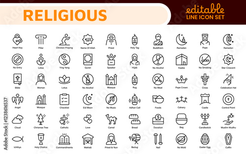 Religious Icon Set. A meaningful collection of icons representing various faiths and beliefs, perfect for enhancing educational materials, spiritual apps, and community outreach initiatives.