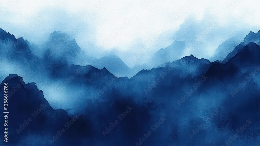Obraz premium Deep Blue Watercolor Landscape Abstract Painting Soft Organic Shapes Ocean Waves Fog Haze