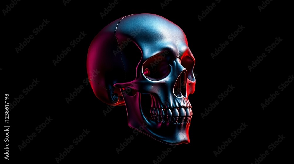 Dark Metallic Skull 3d Render Neon Pink Red Lighting Dark Metallic Skull 3d Render Neon Pink Red Lighting