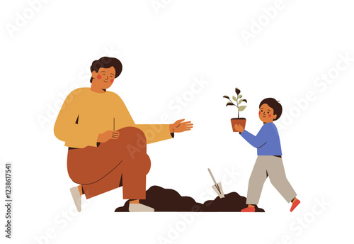 Father with son plant a young tree. Man helps boy to seed a sapling in city park or garden. Family work outside in nature together for ecology and environment conservation. Vector illustration