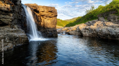 River canyon nature idea. Serene waterfall cascading into a tranquil river surrounded by lush greenery.