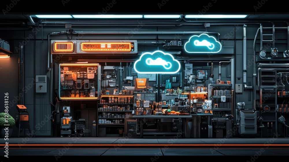 A vibrant storefront featuring neon cloud signs, showcasing a variety of products in an urban environment.