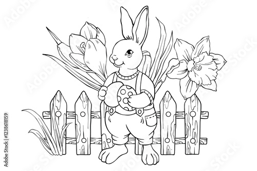 Cute Easter bunny with background coloring page for kids. Funny animal outline illustration. Spring flowers, funny rabbit, daffodils, easter eggs and other Easter elements.