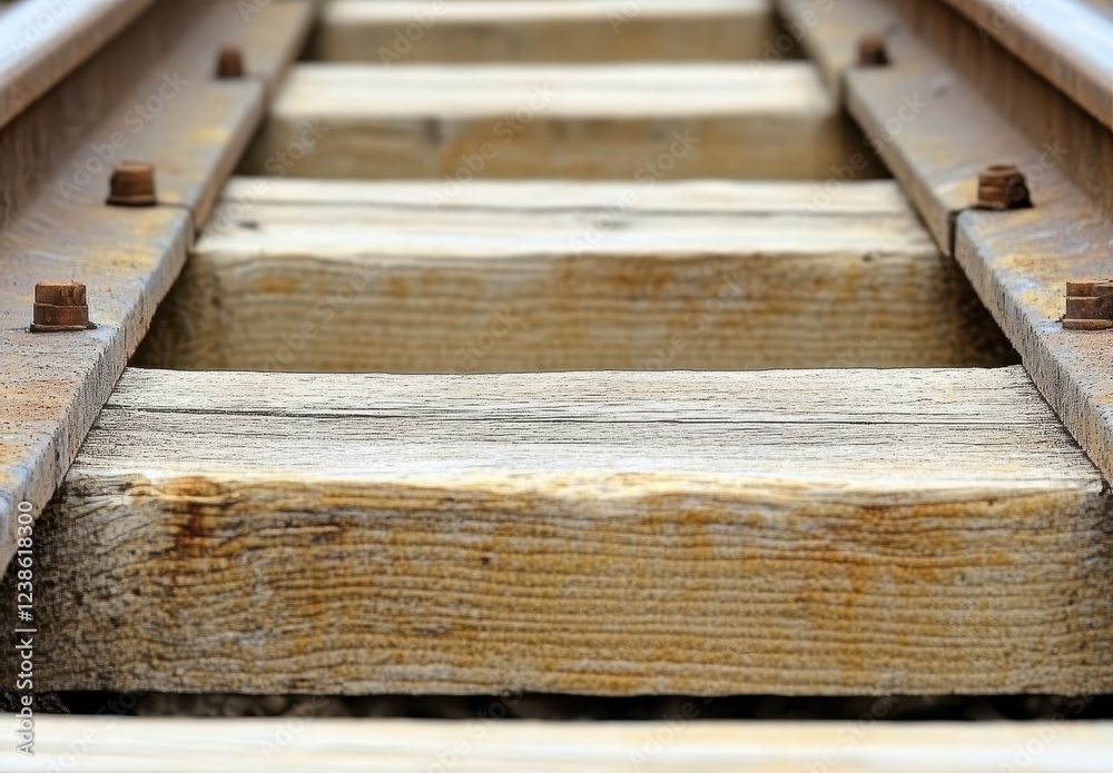 Close up view of weathered wooden railway sleepers and rusted metal railroad tracks. The wood shows significant age and wear, with visible grain and Close up view of weathered wooden railway sleepers and rusted metal railroad tracks. The wood shows significant age and wear, with visible grain and