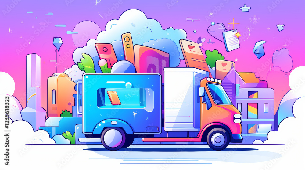 Fototapeta premium Creative moving truck illustration digital art colorful environment whimsical style