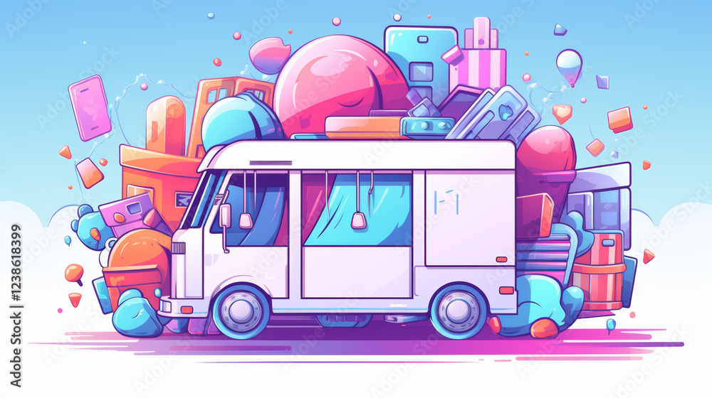 Fototapeta premium Creative food truck festival in vibrant cityscape colorful art style playful atmosphere