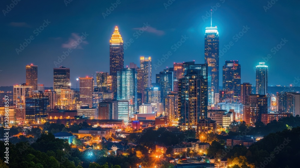Obraz premium Atlanta City Skyline Night View Illuminating Buildings