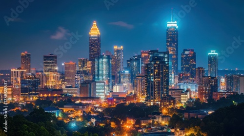 Atlanta City Skyline Night View Illuminating Buildings