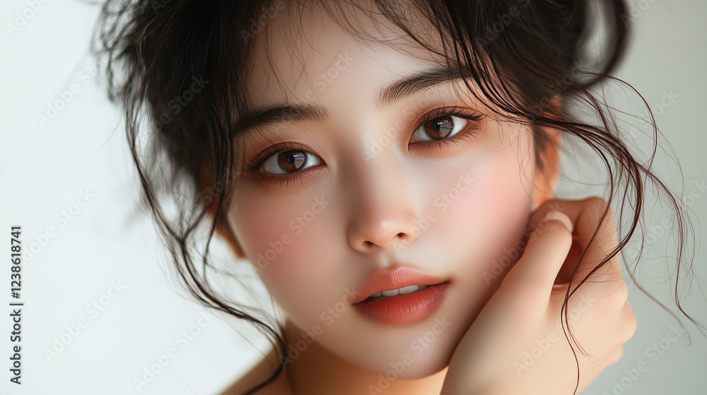 Korean woman with natural makeup and soft expression poses for a portrait at a bright indoor setting Korean woman with natural makeup and soft expression poses for a portrait at a bright indoor setting