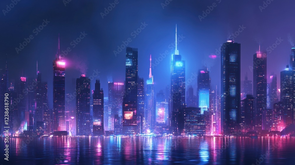 Fototapeta premium Neon Cityscape Skyline Reflecting in Water at Night