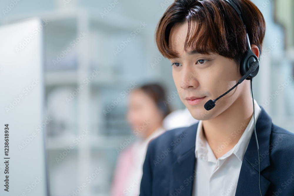 Contact us,Happy CRM,customer service or asian man consultant smile for success telemarketing.Team insurance agent support using headset in communication or conversation at customer sales services Contact us,Happy CRM,customer service or asian man consultant smile for success telemarketing.Team insurance agent support using headset in communication or conversation at customer sales services