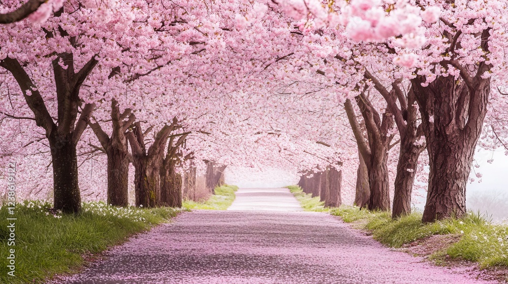 Serene cherry blossom pathway adorned with pink petals, embodying tranquility and fleeting beauty Serene cherry blossom pathway adorned with pink petals, embodying tranquility and fleeting beauty