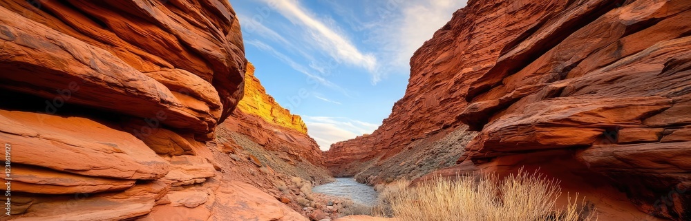 River canyon nature idea. A breathtaking view of a canyon with vibrant red rock formations under a bright sky. River canyon nature idea. A breathtaking view of a canyon with vibrant red rock formations under a bright sky.