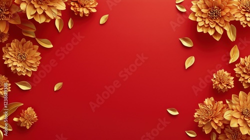 Chinese style red background with golden flowers festival celebration background