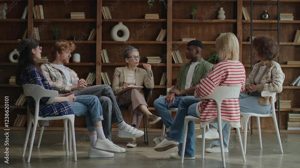 A diverse group of six adults participates in a meaningful therapy session, fostering connection and understanding in a supportive environment