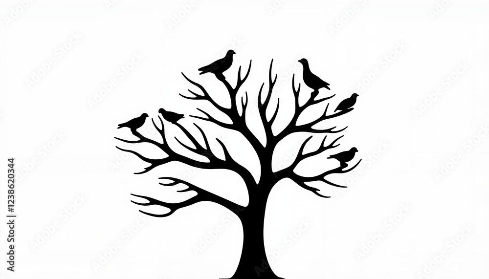Obraz premium Silhouette of a tree with birds perched against white background, nature symbolism