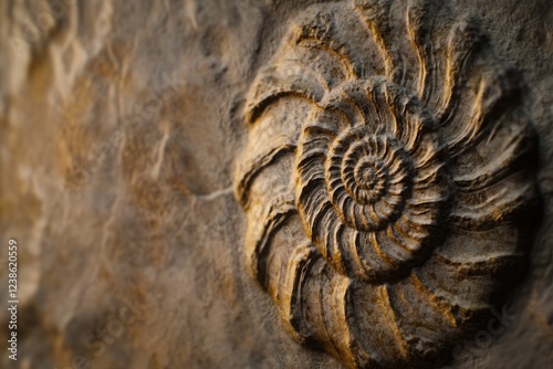 A fossilized ammonite, a spiral shell from ancient seas, embedded in rock. photo