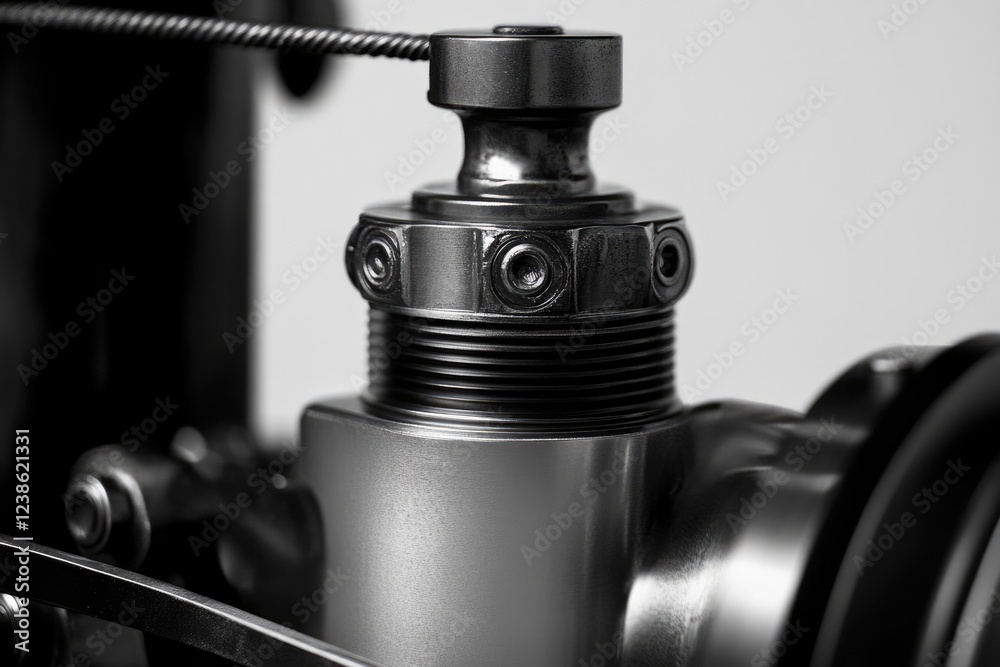 Obraz premium Close-up of a metallic industrial component with threaded parts and a cable, showcasing intricate engineering.