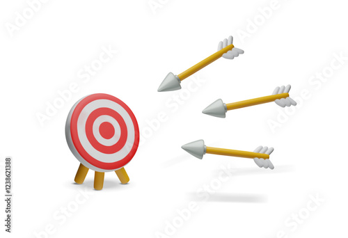 Red target and arrows 3D plastic style, vector archery tool, shoot instrument, business goal, strategy targeting concept