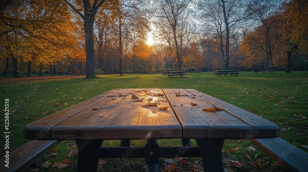 Naklejka premium Autumn Sunset Park Picnic Table Scene