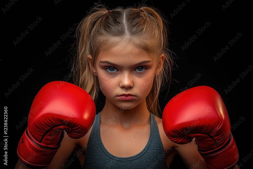 A young girl in athletic activewear and red kickboxing gloves performs a powerful martial arts A young girl in athletic activewear and red kickboxing gloves performs a powerful martial arts